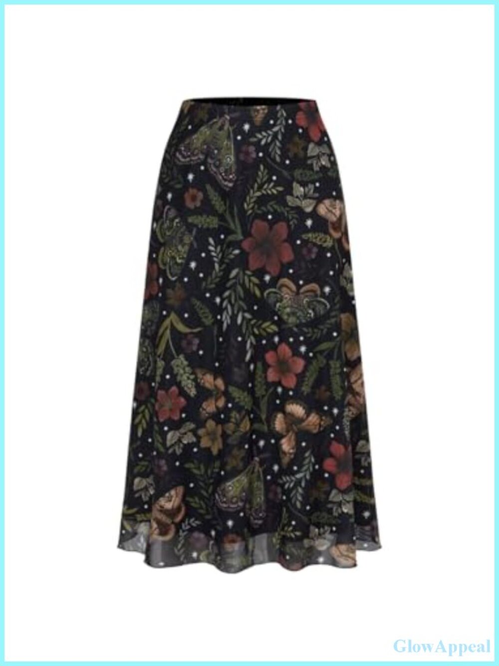 Floral Mesh Midi Skirt Elastic A Line Whimsical Women's Skirt